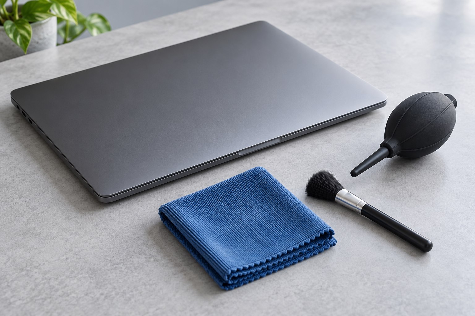 Illustrative closed laptop, microfiber cloth, soft brush and manual air blower