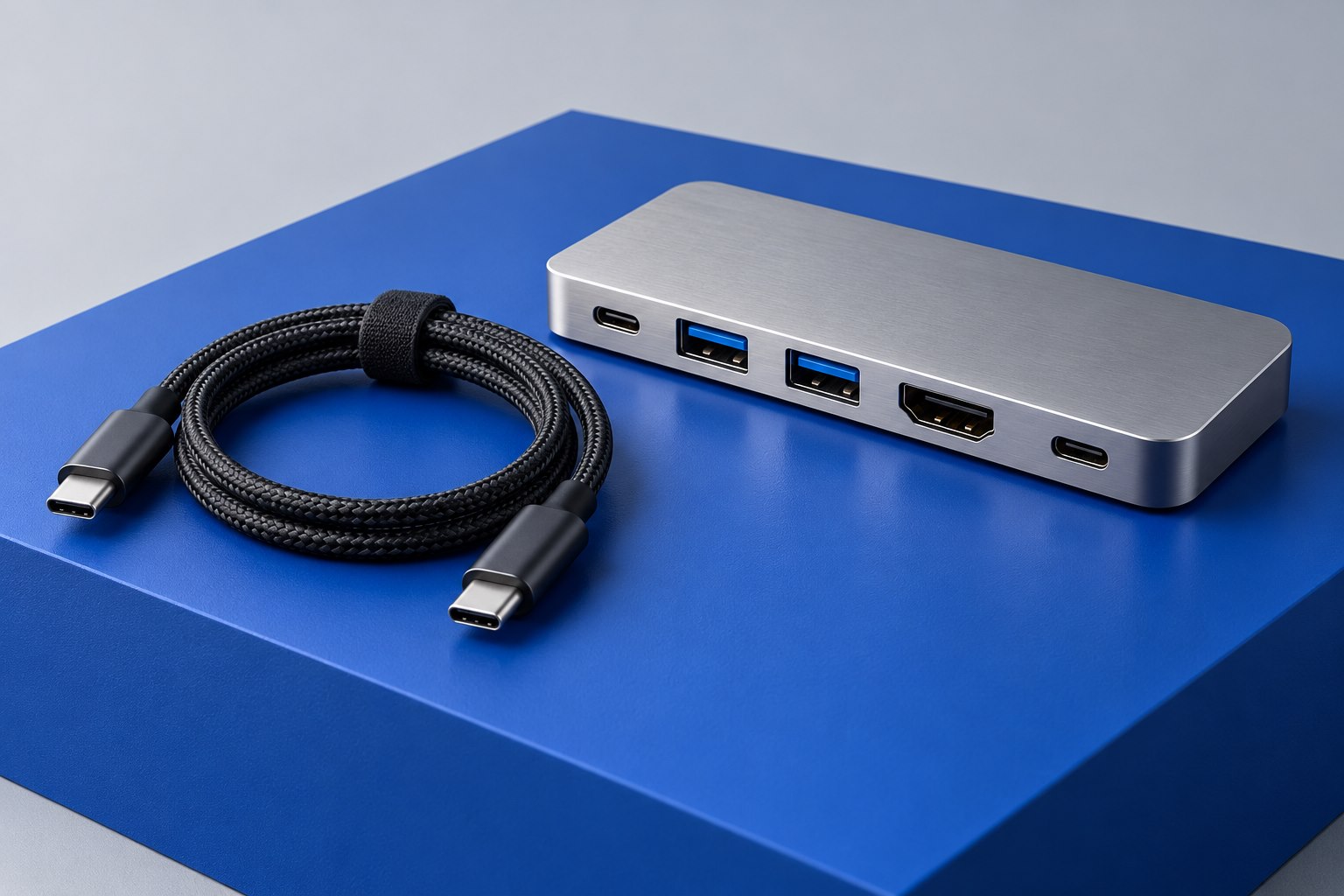 Illustrative silver multiport hub beside a coiled USB-C cable on a blue platform