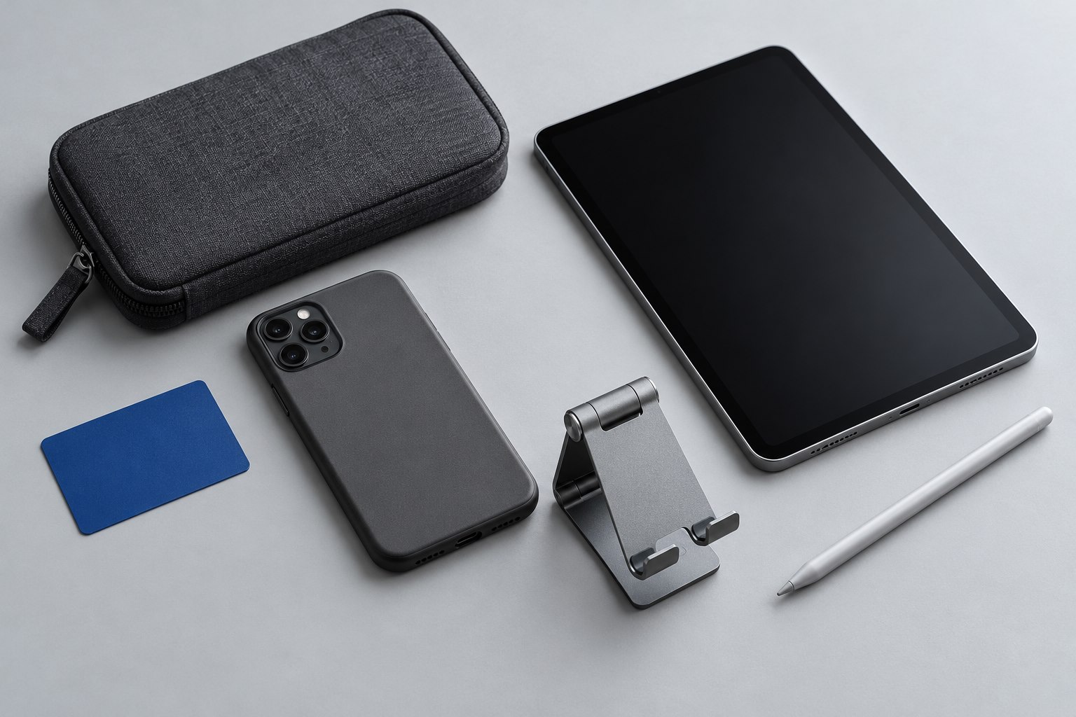 Illustrative phone, tablet, stylus, folding stand and fabric accessory pouch