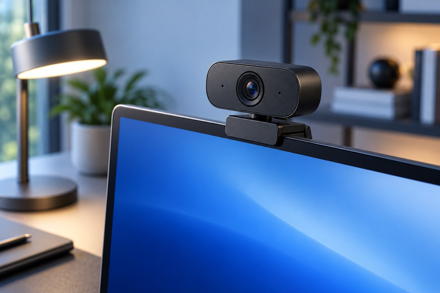 Illustrative webcam mounted above a monitor in a softly lit office